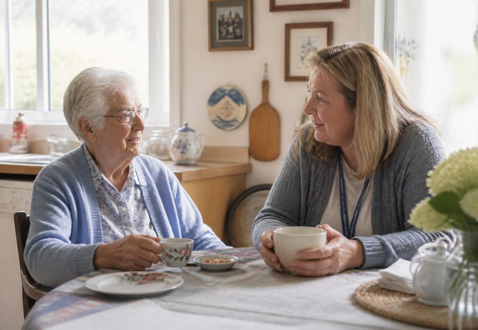 An older woman and her companion sharing tea at a sunlit kitchen table